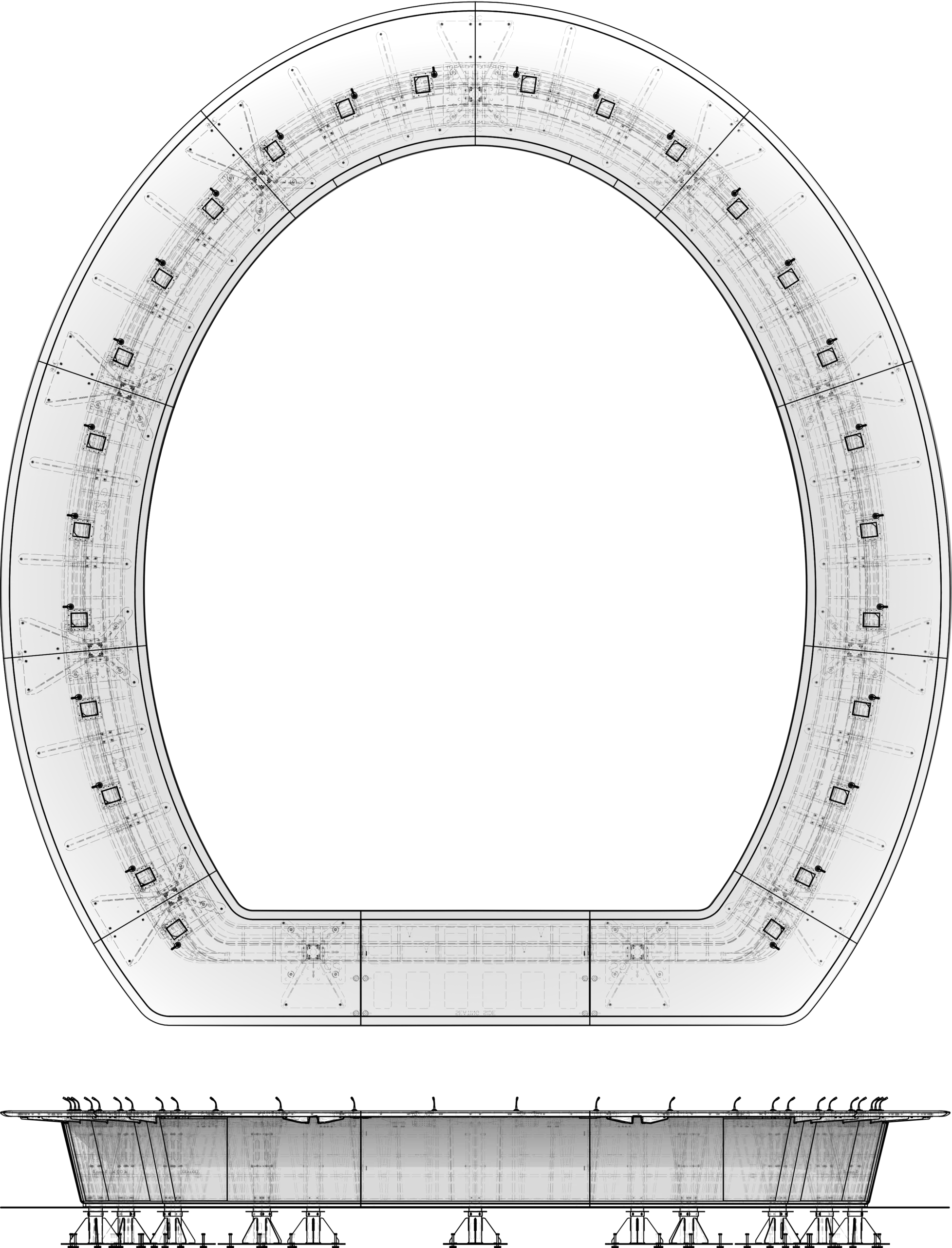 Detailed architectural blueprint of a circular structure with a central void, shown in a monochrome sketch with reflection at the bottom on a bleached walnut boardroom table.