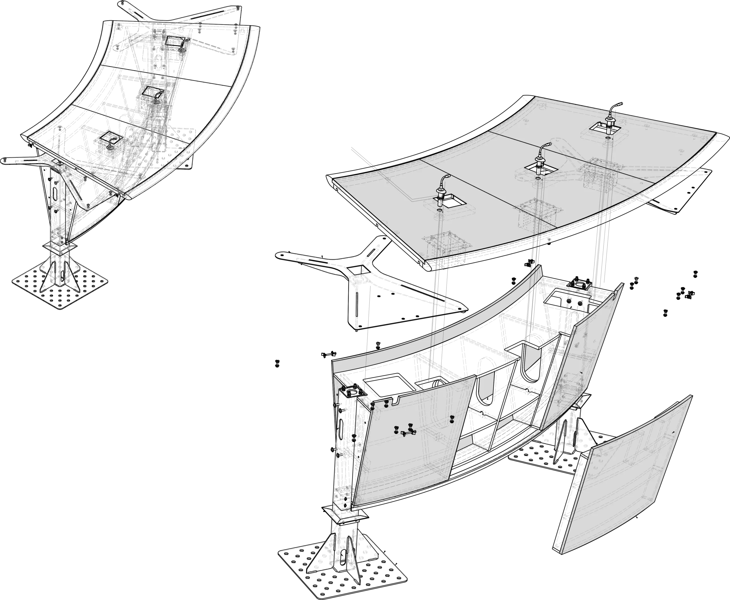 Technical diagrams a bleached walnut boardroom table, shown in an exploded view.