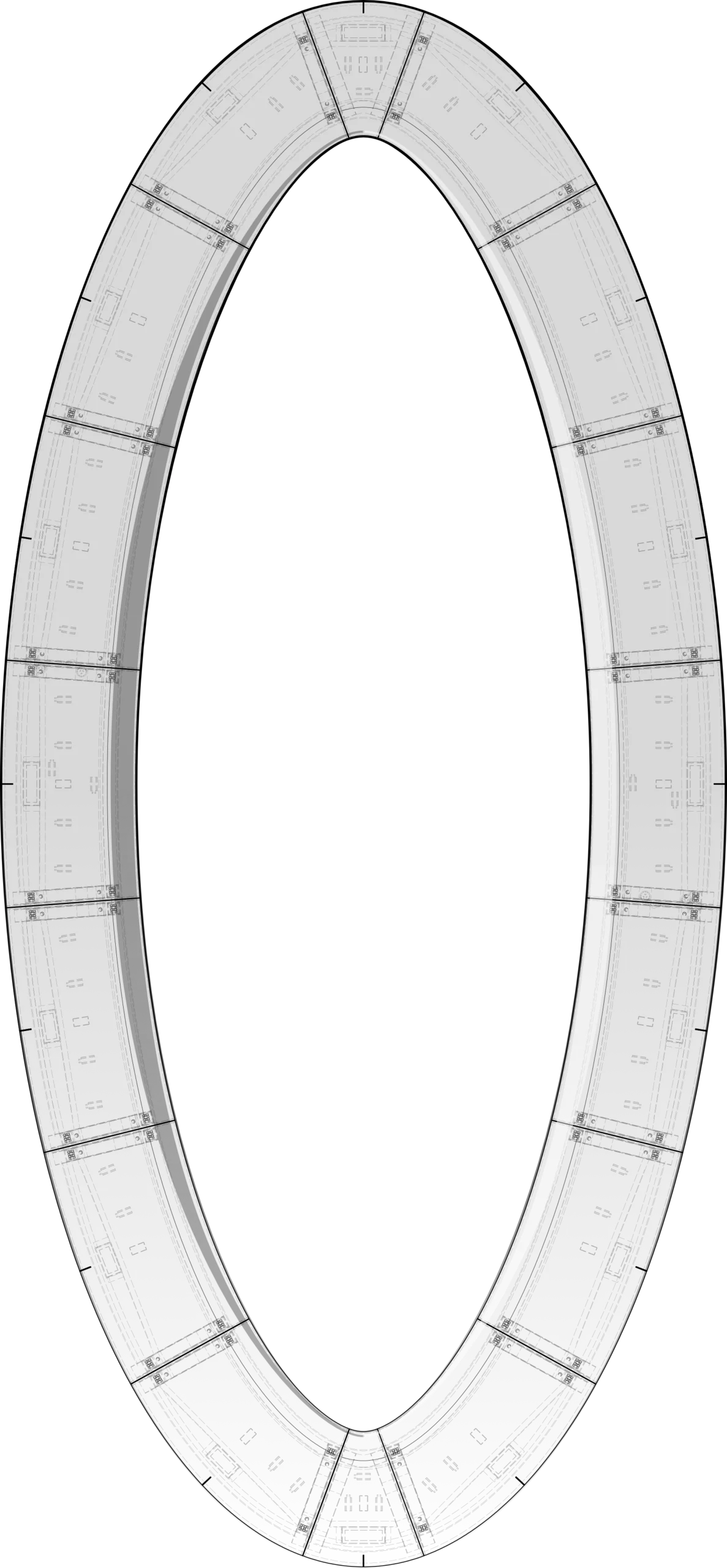 Technical blueprint of an oval Polished Corian boardroom table with detailed measurements and design specifications.