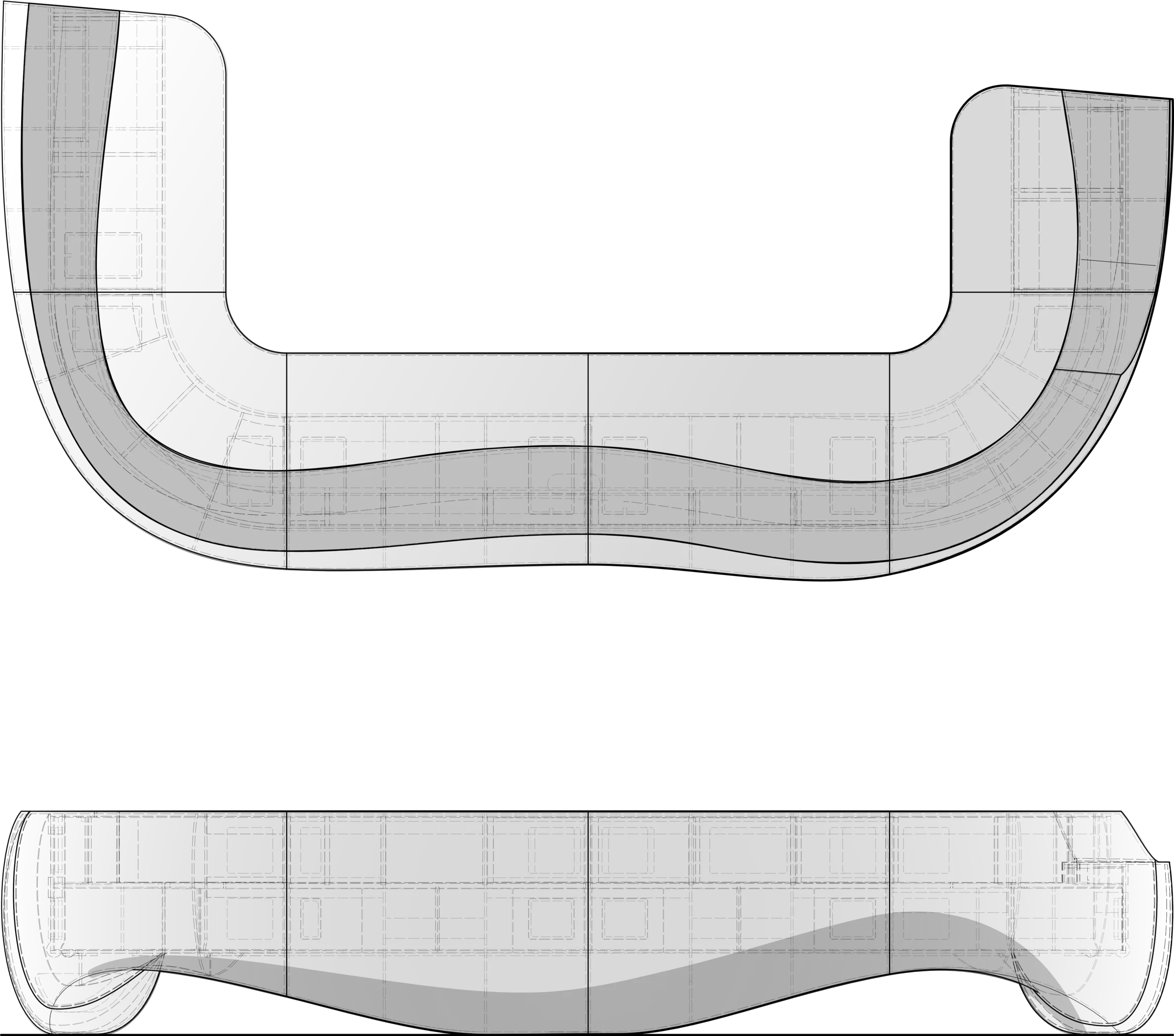 Technical blueprint of a curved reception desk, shown in two orientations with detailed grid lines and measurements.