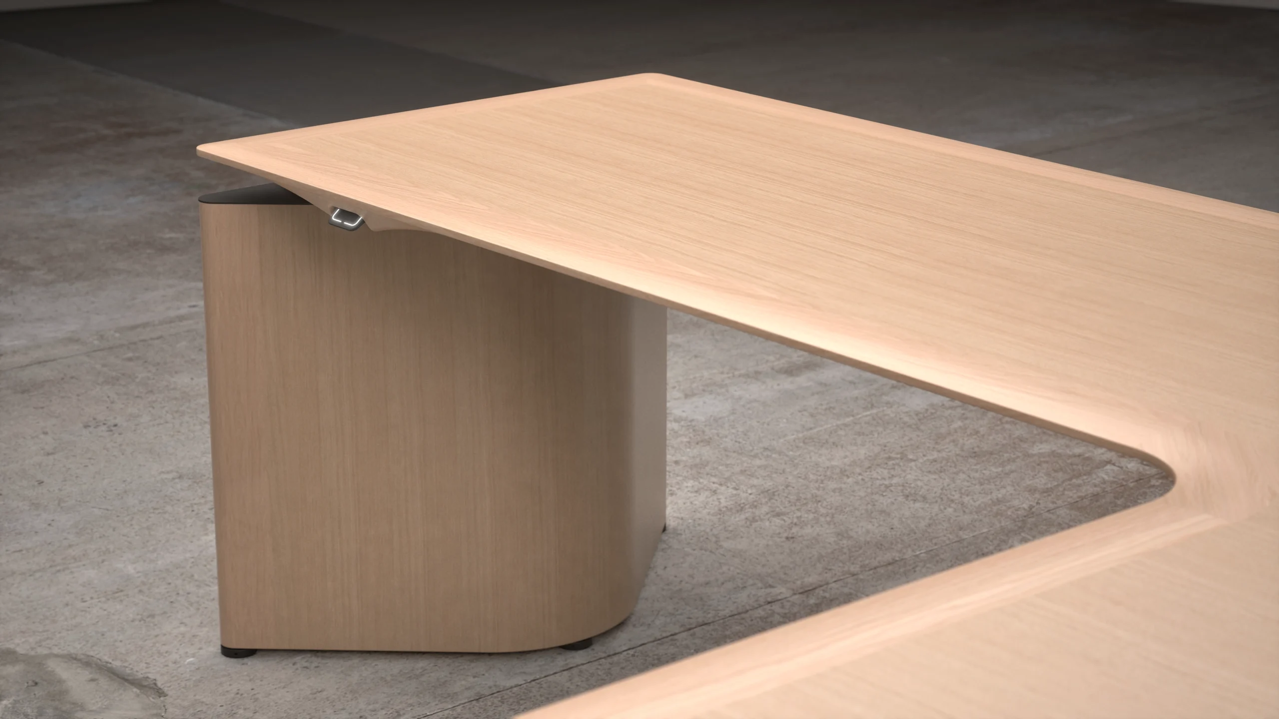 Image shows the thinness of the table as well as the detail of the sit/stand mechanism